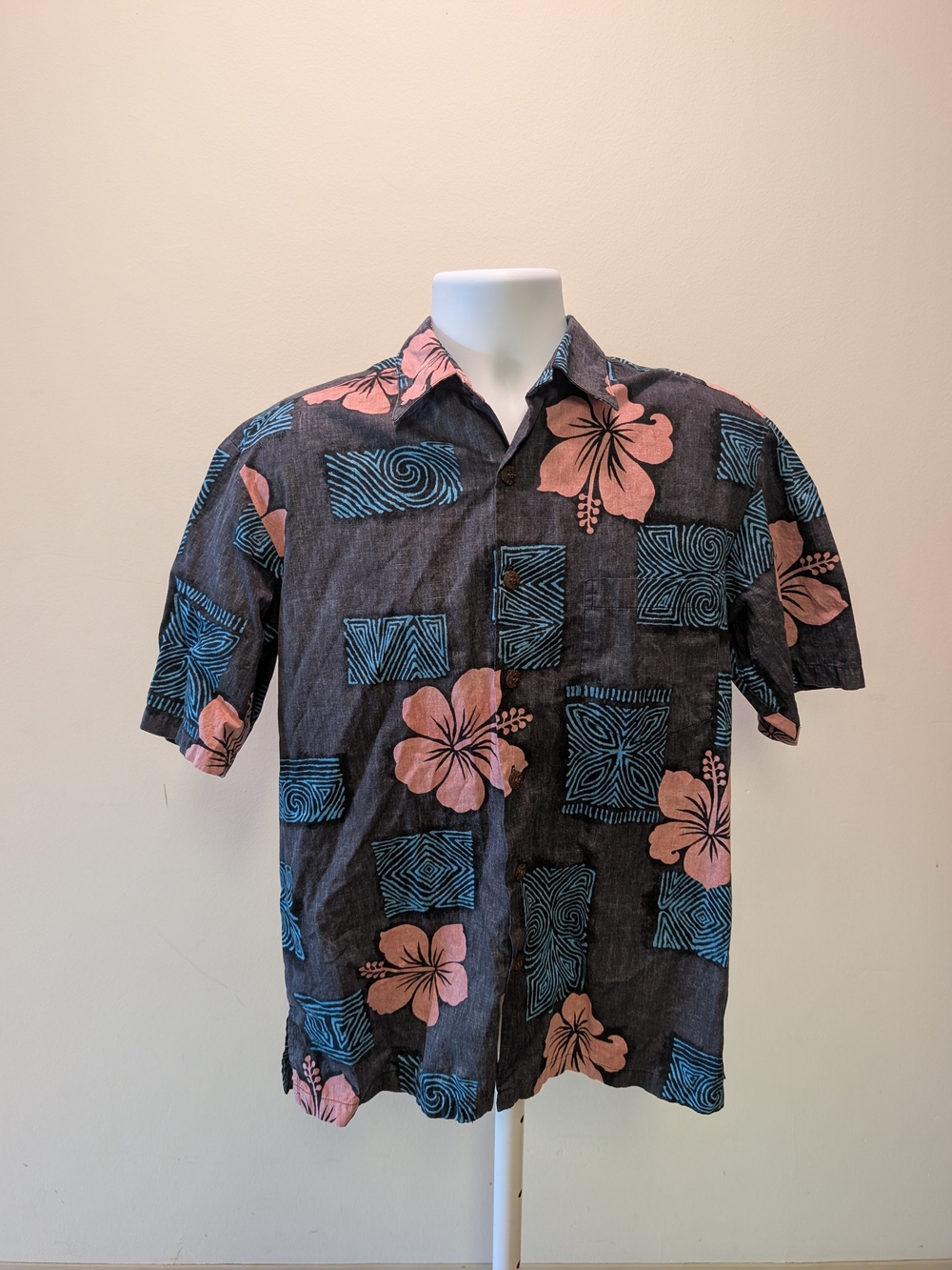 Men's Short-Sleeve Black Hawaiian Shirt with Pink Hibiscus and Blue Geo Accents